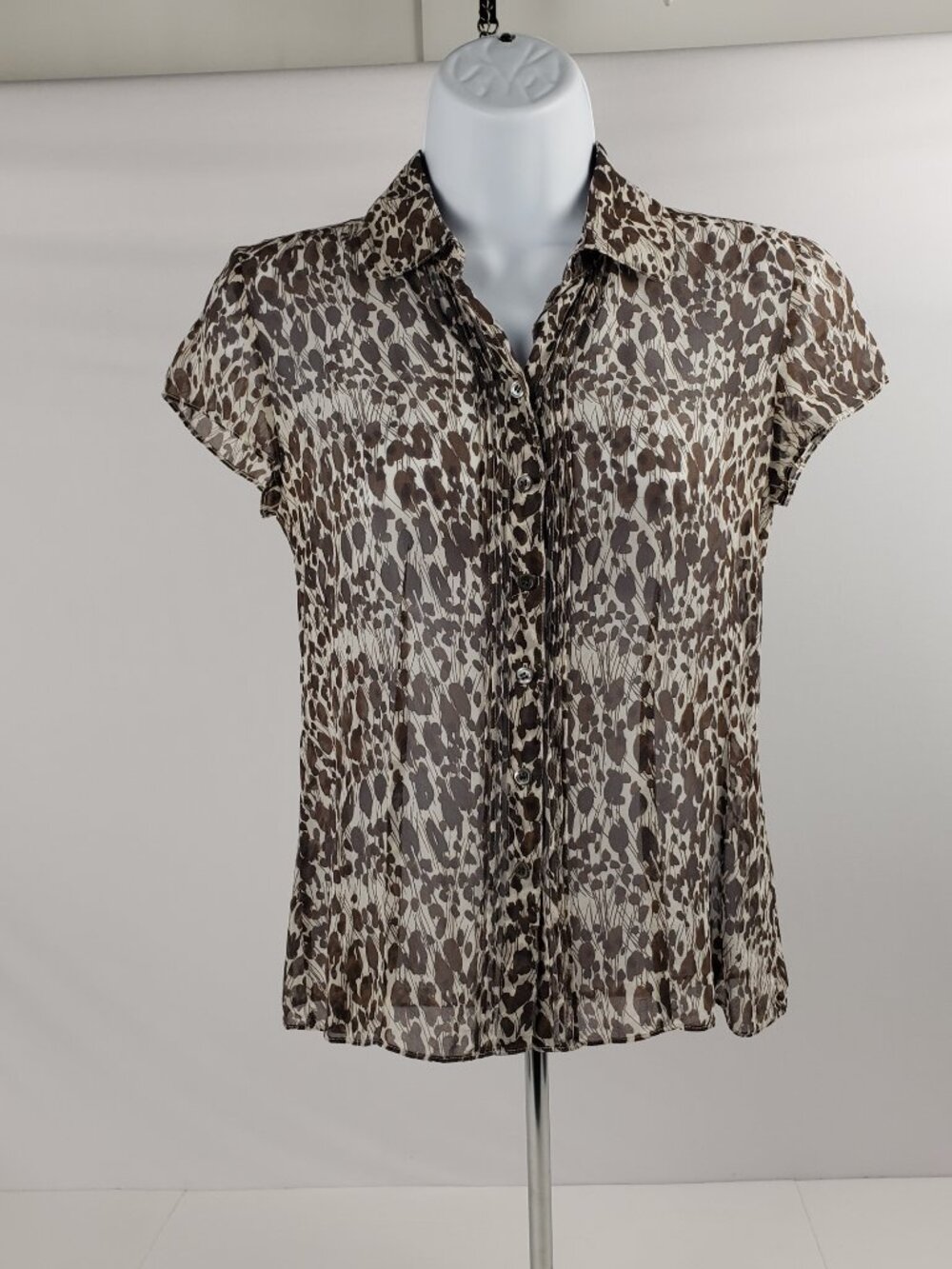 Ann Taylor 2P Silk Brown Cream Print Womens Petite Floral Semi Sheer
